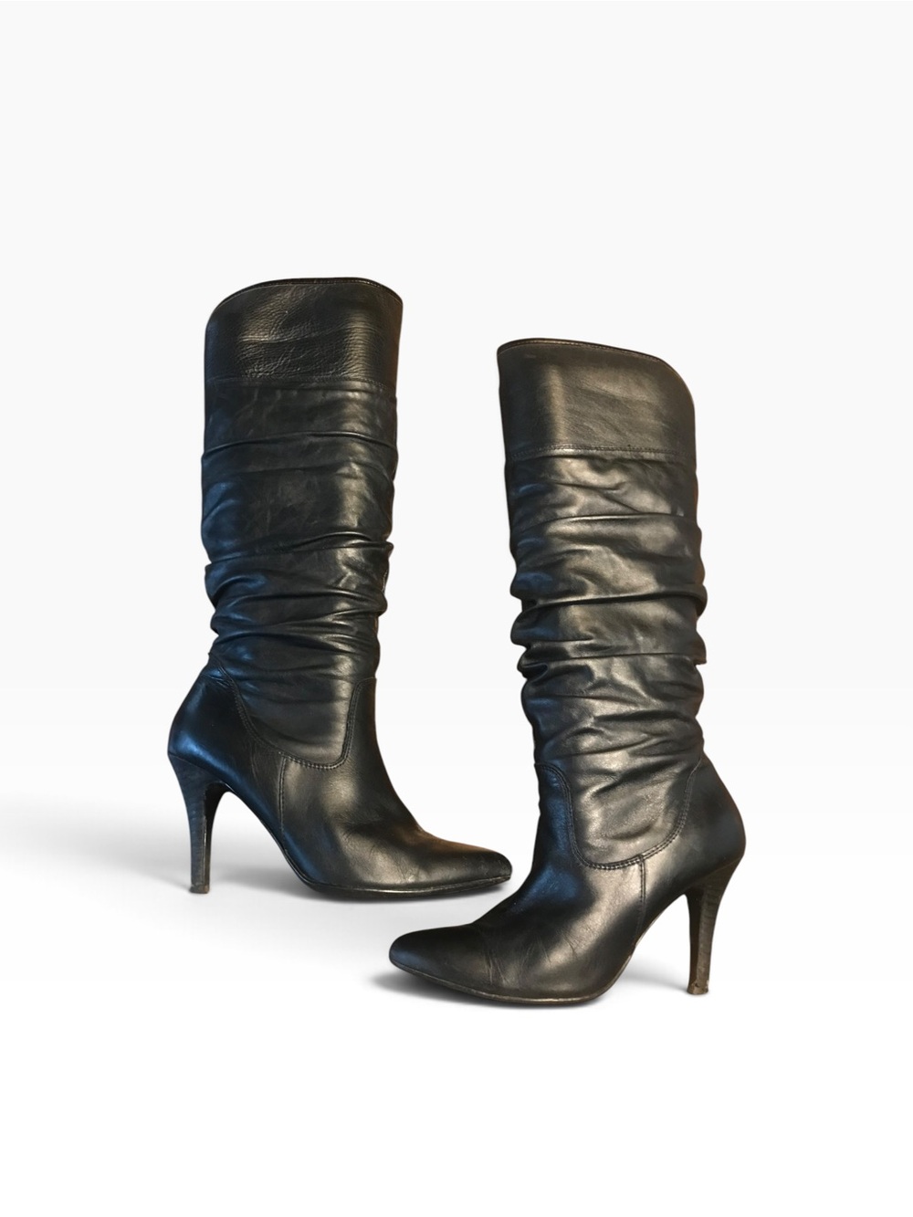 Aldo Black Slouchy Leather Knee-High Heeled Boots